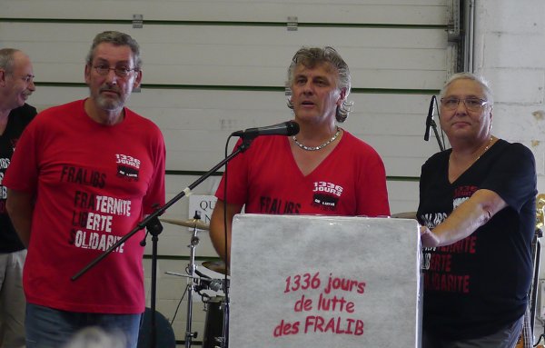 Meeting de la victoire. Gérard Affagard de la CFE-CGC, Olivier Leberquier et Gérard Cazorla de la CGT